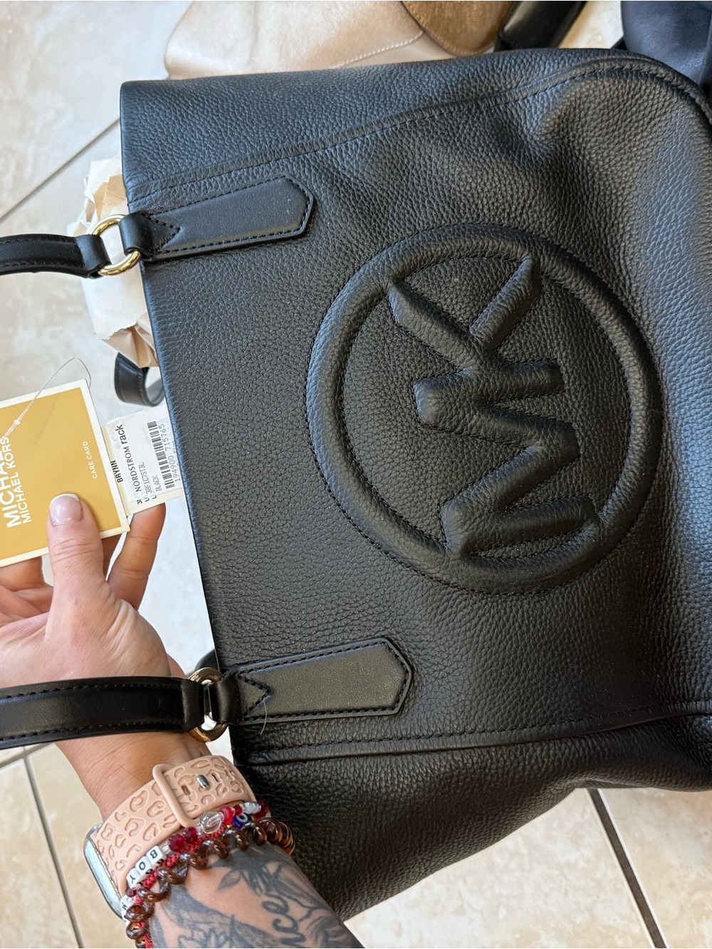 Michael Kors Black Pebbled Leather Tote with Raised MK Medallion